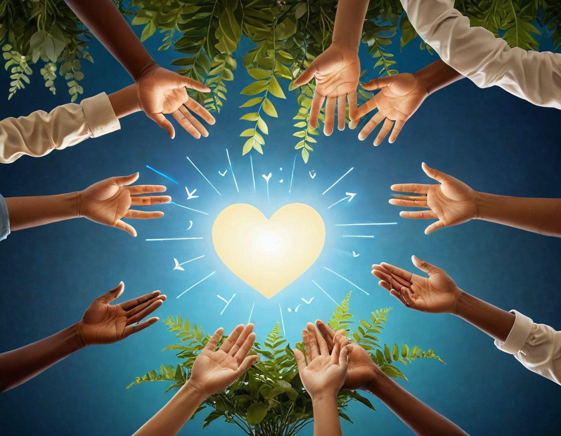 A warm and inviting virtual space with diverse individuals engaging in meaningful conversations, symbolizing connections and support. Include soft, glowing light effects, heart icons floating around, and hands reaching out to each other to represent community support. The background should have a peaceful, nature-inspired theme with green plants and soft blues. Use vibrant colors to enhance the sense of togetherness and warmth. super-realistic. vibrant colors.