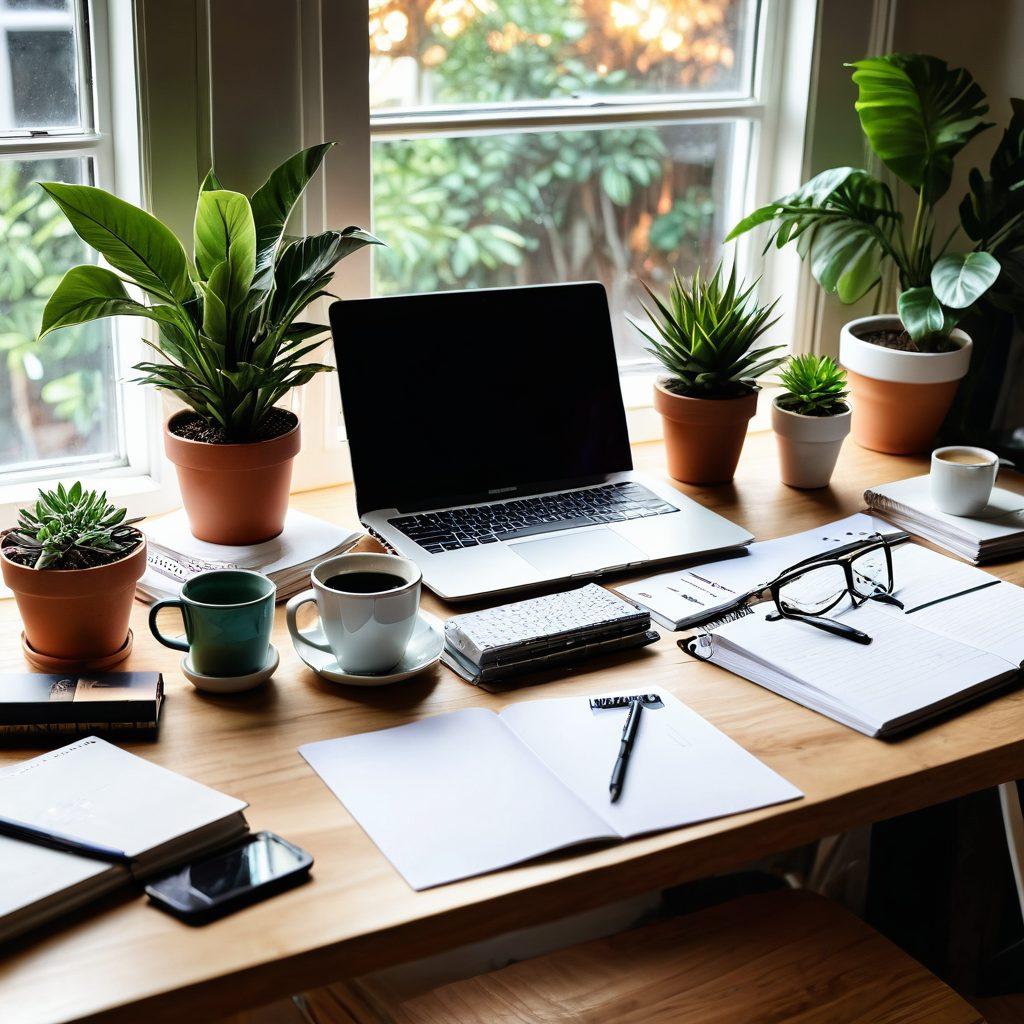 A cozy and inviting workspace featuring a stylish desk with a laptop, potted plants, and colorful stationery. Graceful lifestyle elements, like a beautiful mug of coffee and an open notebook filled with vibrant sketches, are scattered around. Include soft natural light streaming through a window, creating an atmosphere of creativity and productivity. The overall aesthetic should convey a sense of warmth and inspiration for blogging. super-realistic. vibrant colors. soft focus.