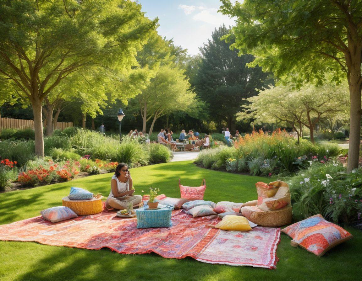 A vibrant community scene showcasing a diverse group of bloggers engaged in lifestyle activities—sharing ideas, collaborating on projects, and enjoying a picnic. Include colorful banners with the words 'TGP-Friendly Community' and cozy outdoor spaces filled with plants. The atmosphere should exude friendliness and creativity. super-realistic. vibrant colors. natural background.